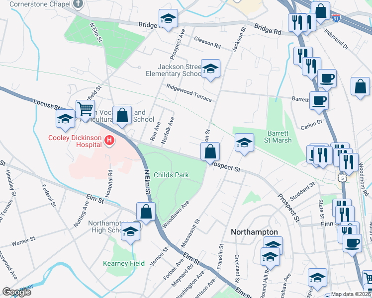 map of restaurants, bars, coffee shops, grocery stores, and more near 315 Prospect Street in Northampton