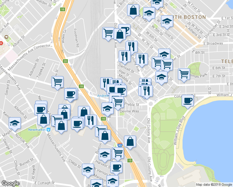 map of restaurants, bars, coffee shops, grocery stores, and more near Dorchester Ave & Dexter St in Boston