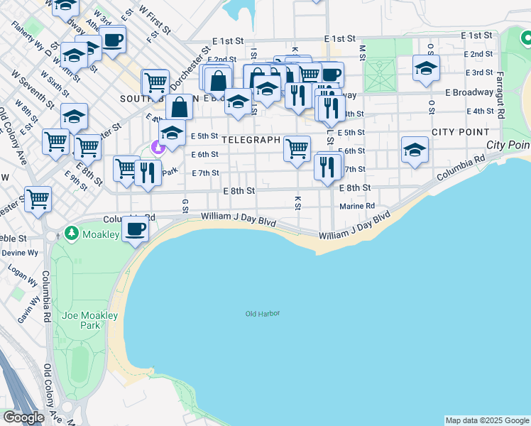 map of restaurants, bars, coffee shops, grocery stores, and more near 1530 Columbia Road in Boston