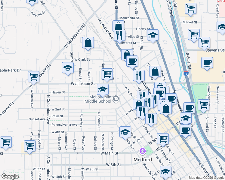map of restaurants, bars, coffee shops, grocery stores, and more near 217 Haven Street in Medford