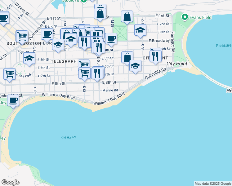 map of restaurants, bars, coffee shops, grocery stores, and more near 1744 Columbia Road in Boston