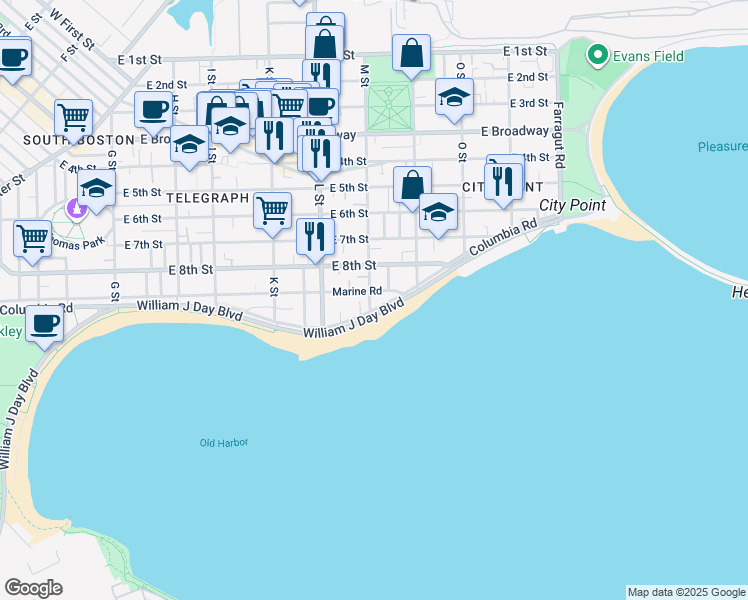 map of restaurants, bars, coffee shops, grocery stores, and more near 1744 Columbia Road in Boston