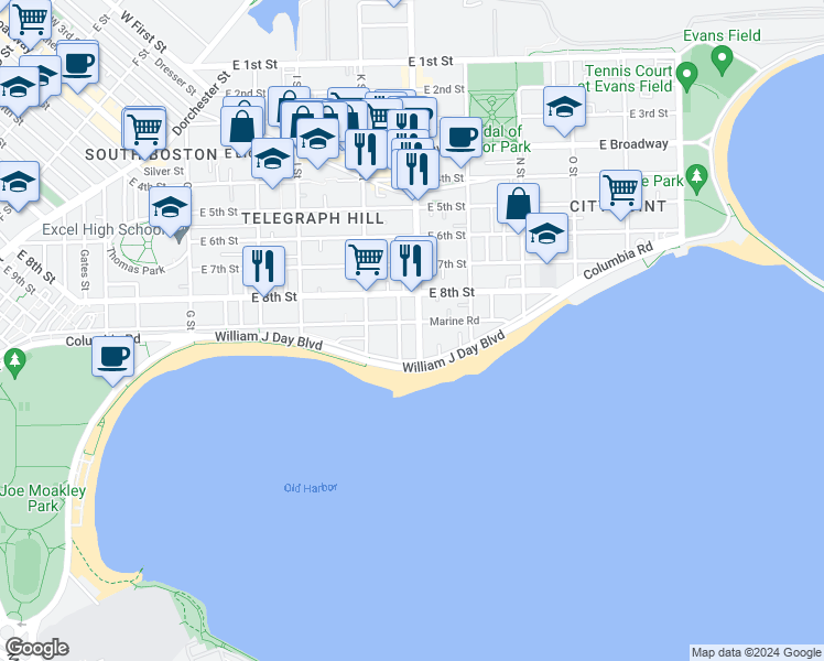 map of restaurants, bars, coffee shops, grocery stores, and more near 249 L Street in Boston