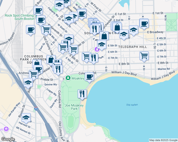 map of restaurants, bars, coffee shops, grocery stores, and more near 1280 Columbia Road in Boston
