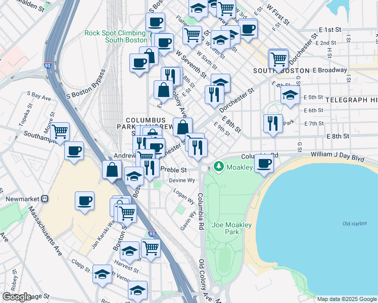 map of restaurants, bars, coffee shops, grocery stores, and more near 23 Vinton Street in Boston