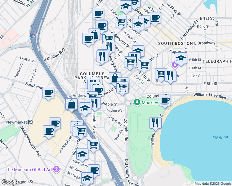 map of restaurants, bars, coffee shops, grocery stores, and more near 23 Vinton Street in Boston
