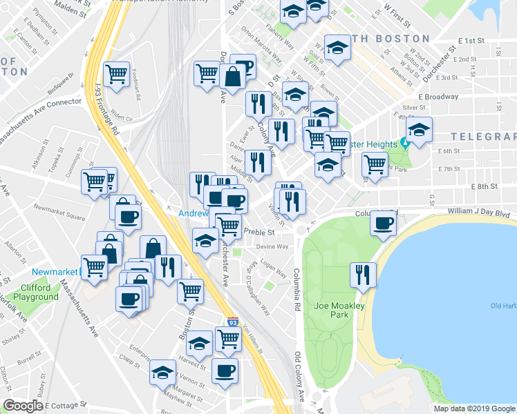 map of restaurants, bars, coffee shops, grocery stores, and more near 15 Ward Street in Boston