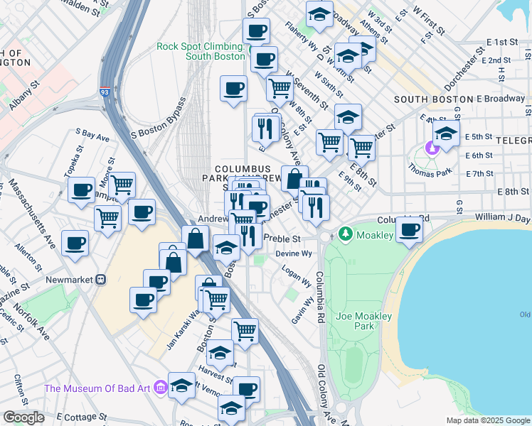 map of restaurants, bars, coffee shops, grocery stores, and more near 395 Dorchester Street in Boston