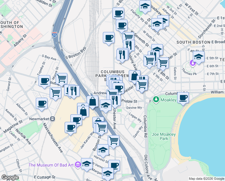 map of restaurants, bars, coffee shops, grocery stores, and more near 395 Dorchester Street in Boston