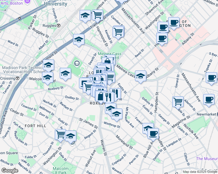 map of restaurants, bars, coffee shops, grocery stores, and more near 1138 Harrison Avenue in Boston
