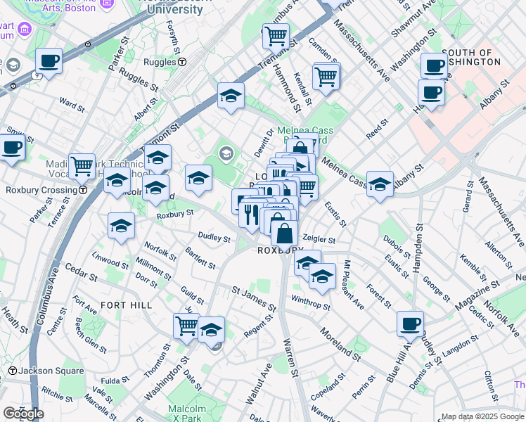 map of restaurants, bars, coffee shops, grocery stores, and more near 2343-2345 Washington Street in Boston