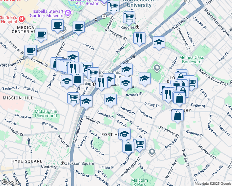 map of restaurants, bars, coffee shops, grocery stores, and more near 13 Centre Street in Boston