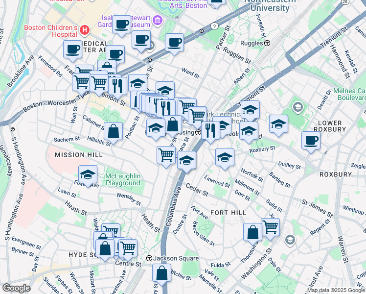 map of restaurants, bars, coffee shops, grocery stores, and more near 40 Terrace Street in Boston