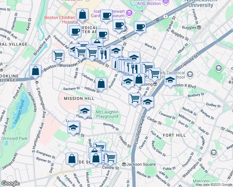 map of restaurants, bars, coffee shops, grocery stores, and more near 60 Hillside Street in Boston