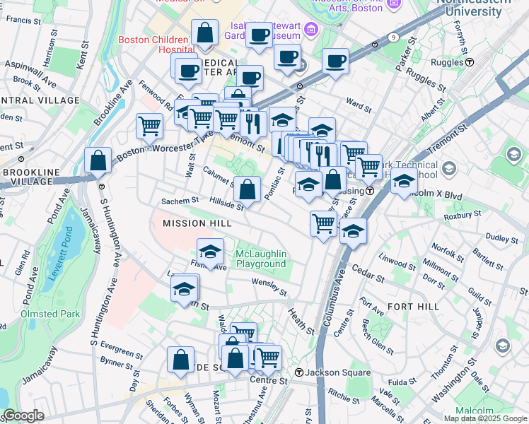 map of restaurants, bars, coffee shops, grocery stores, and more near 60 Hillside Street in Boston