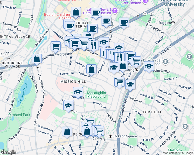 map of restaurants, bars, coffee shops, grocery stores, and more near 60 Hillside Street in Boston