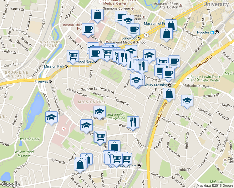map of restaurants, bars, coffee shops, grocery stores, and more near 5 Iroquois Street in Boston
