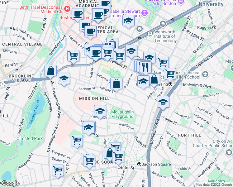 map of restaurants, bars, coffee shops, grocery stores, and more near 5 Iroquois Street in Boston