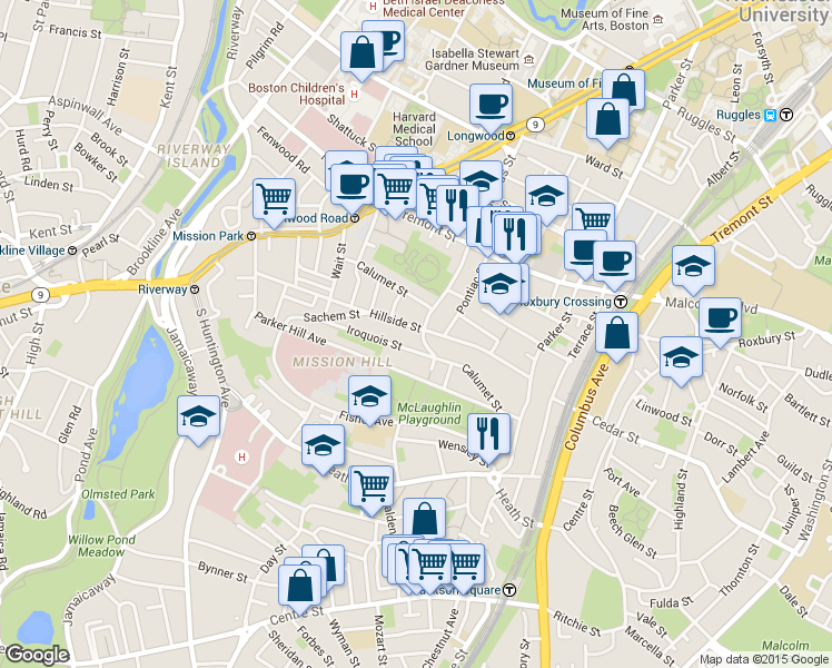 map of restaurants, bars, coffee shops, grocery stores, and more near 5 Iroquois Street in Boston