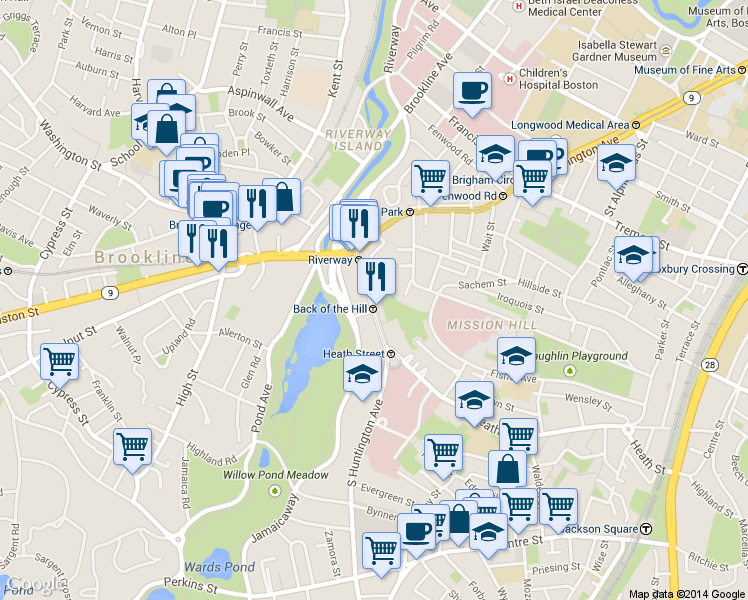 map of restaurants, bars, coffee shops, grocery stores, and more near 70 Jamaicaway in Boston