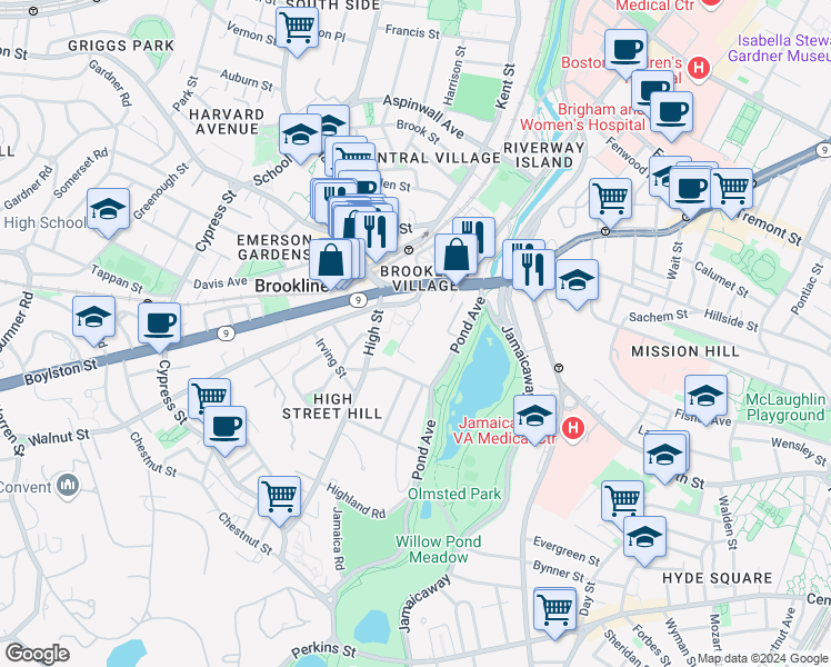 map of restaurants, bars, coffee shops, grocery stores, and more near 38 Juniper Street in Brookline