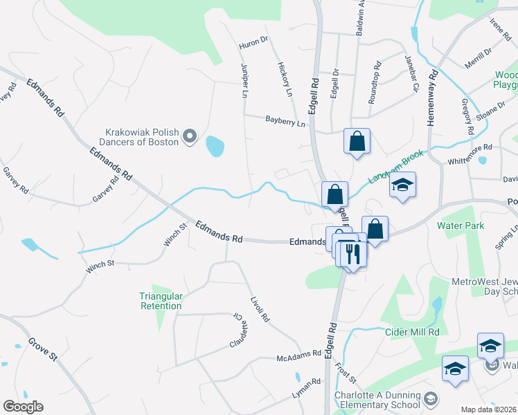 map of restaurants, bars, coffee shops, grocery stores, and more near 3 Juniper Lane in Framingham