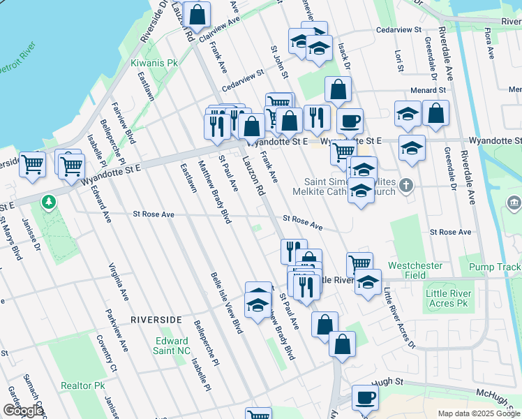 map of restaurants, bars, coffee shops, grocery stores, and more near 7845 Saint Rose Avenue in Windsor