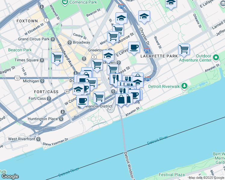 map of restaurants, bars, coffee shops, grocery stores, and more near in Detroit