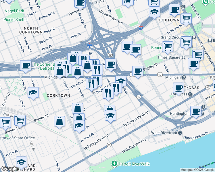 map of restaurants, bars, coffee shops, grocery stores, and more near 1365 Bagley Street in Detroit