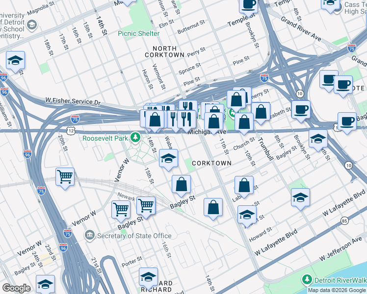 map of restaurants, bars, coffee shops, grocery stores, and more near 2081 Vermont Street in Detroit
