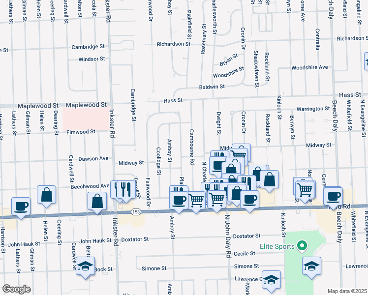 map of restaurants, bars, coffee shops, grocery stores, and more near 6014 Plainfield Street in Dearborn Heights