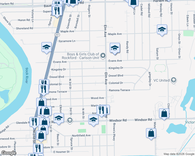 map of restaurants, bars, coffee shops, grocery stores, and more near 1006 Colonial Drive in Machesney Park