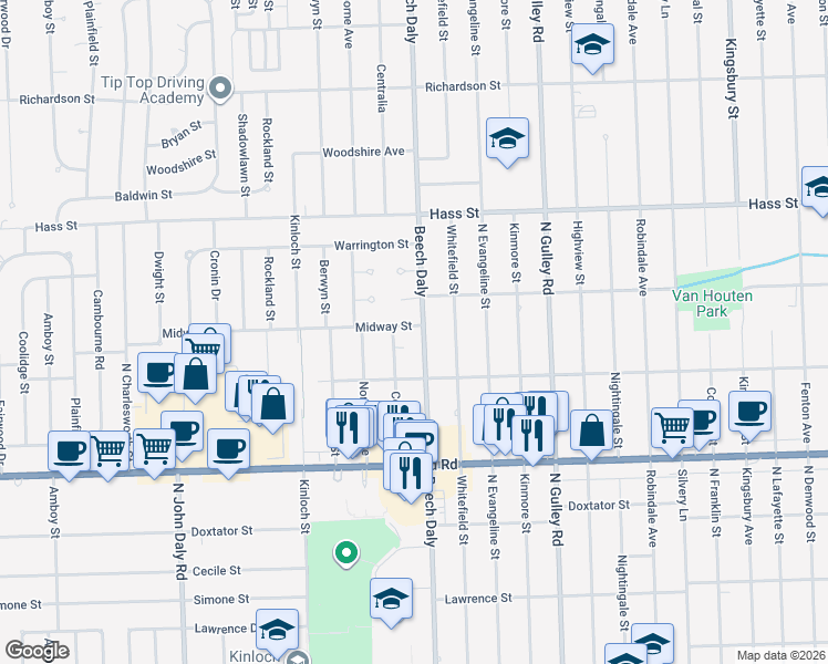 map of restaurants, bars, coffee shops, grocery stores, and more near 5960 Beech Daly in Dearborn Heights