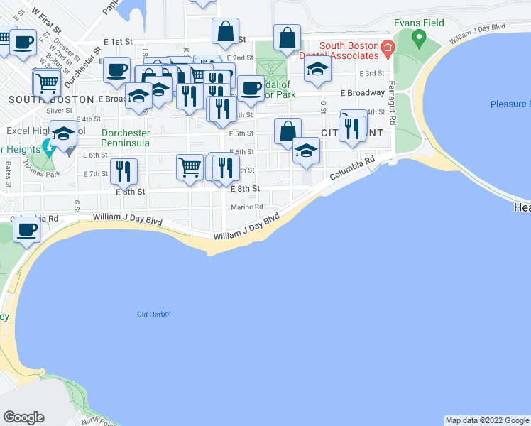 map of restaurants, bars, coffee shops, grocery stores, and more near 1744 Columbia Road in Boston