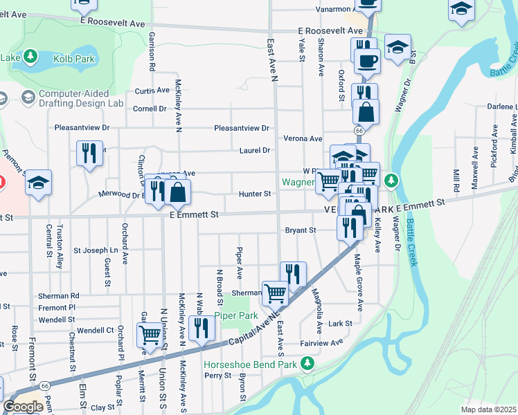 map of restaurants, bars, coffee shops, grocery stores, and more near 139 East Avenue North in Battle Creek