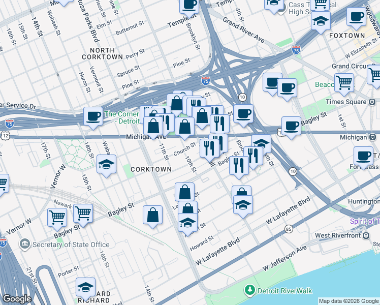 map of restaurants, bars, coffee shops, grocery stores, and more near 1567 Church Street in Detroit