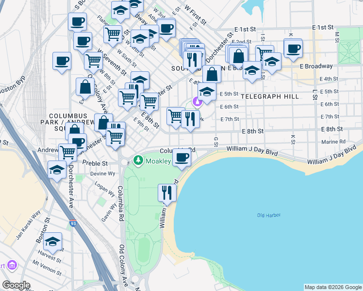 map of restaurants, bars, coffee shops, grocery stores, and more near 1280 Columbia Road in Boston