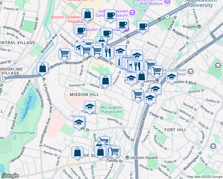 map of restaurants, bars, coffee shops, grocery stores, and more near 68 Pontiac Street in Boston