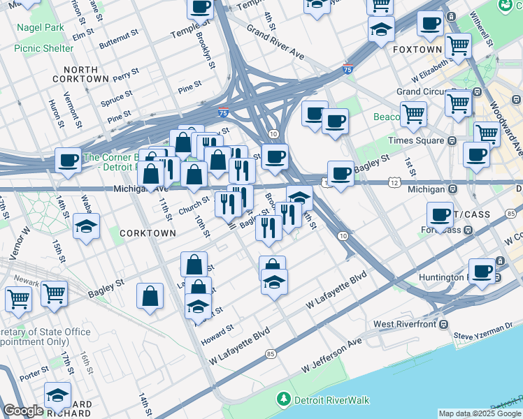 map of restaurants, bars, coffee shops, grocery stores, and more near 1365 Bagley Street in Detroit