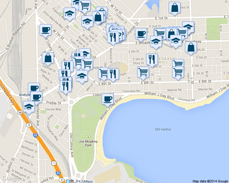 map of restaurants, bars, coffee shops, grocery stores, and more near Columbia Rd & Covington St in Boston