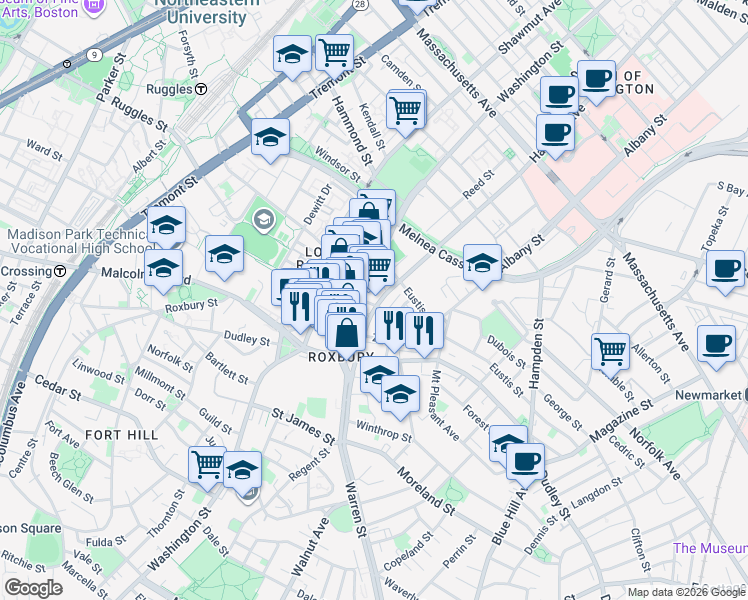map of restaurants, bars, coffee shops, grocery stores, and more near 1138 Harrison Avenue in Boston