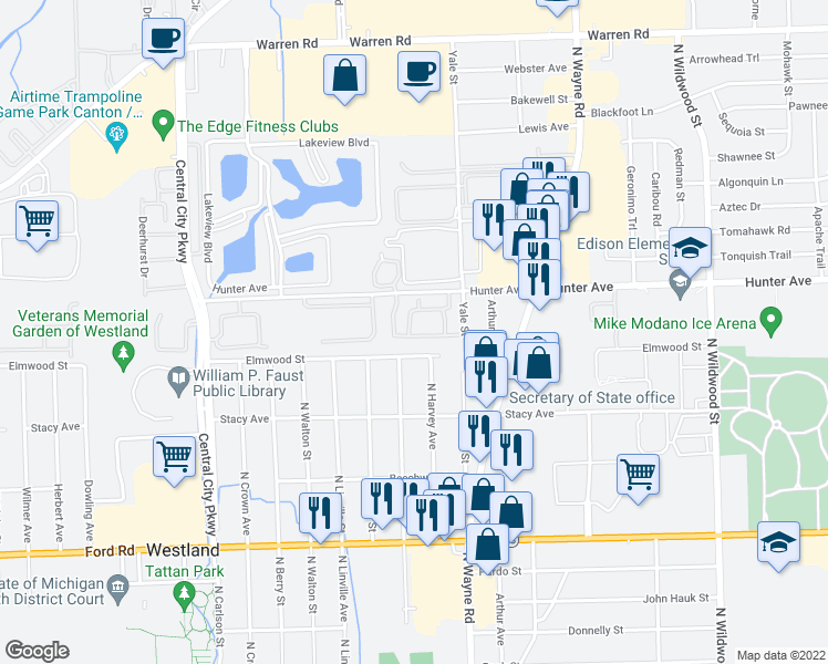 map of restaurants, bars, coffee shops, grocery stores, and more near 35529 Pheasant Lane in Westland