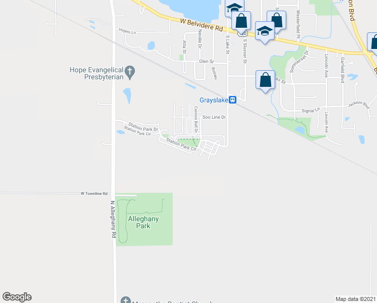 map of restaurants, bars, coffee shops, grocery stores, and more near 165 Station Park Circle in Grayslake