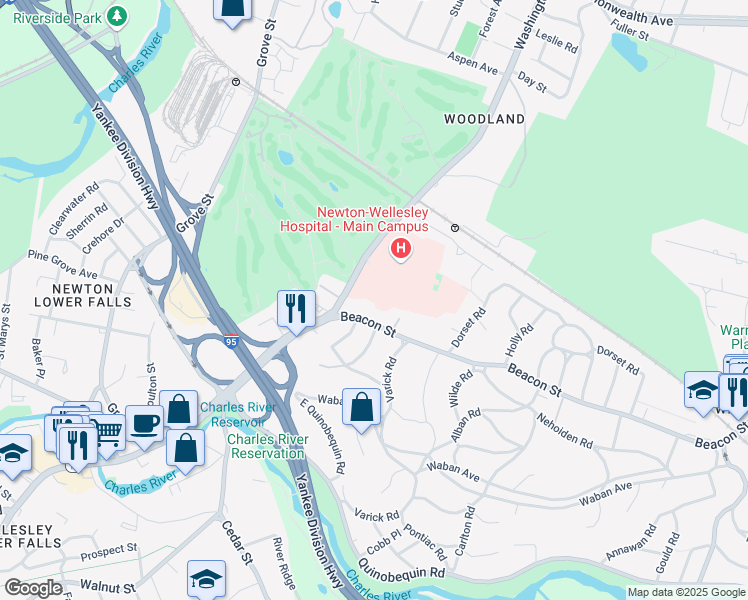 map of restaurants, bars, coffee shops, grocery stores, and more near 2014 Washington Street in Newton Lower Falls