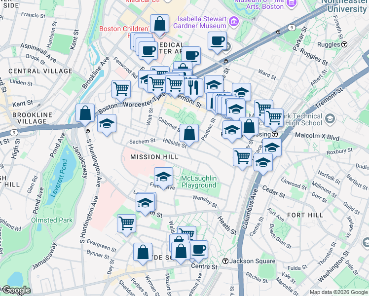 map of restaurants, bars, coffee shops, grocery stores, and more near 5 Iroquois Street in Boston