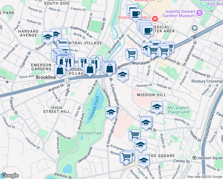 map of restaurants, bars, coffee shops, grocery stores, and more near 63 South Huntington Avenue in Boston