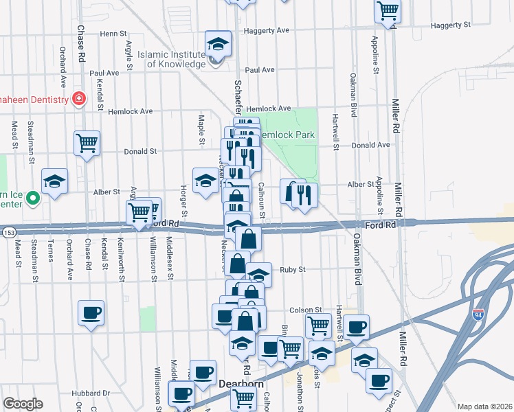 map of restaurants, bars, coffee shops, grocery stores, and more near 5631c Calhoun Street in Dearborn