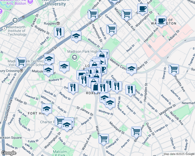 map of restaurants, bars, coffee shops, grocery stores, and more near in Boston