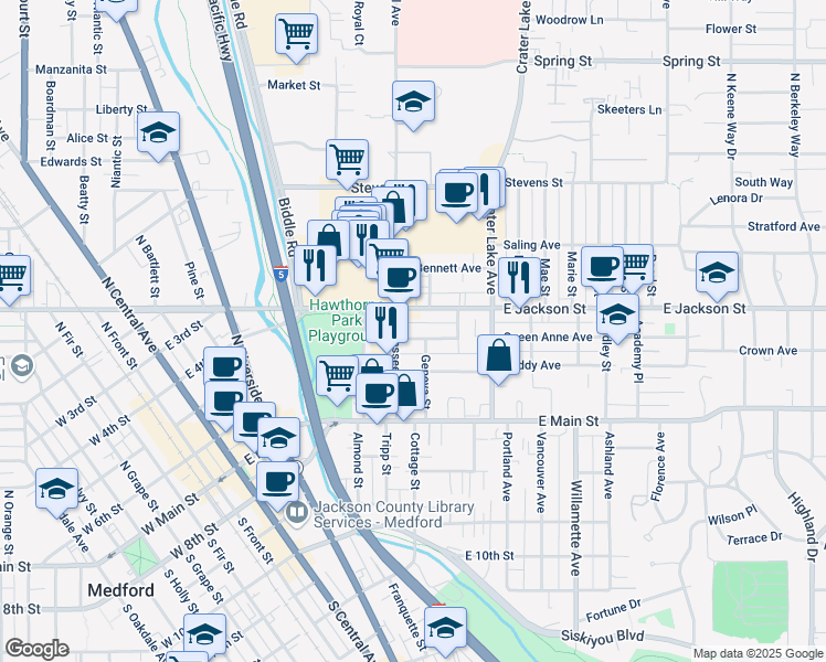 map of restaurants, bars, coffee shops, grocery stores, and more near 709 Sherman Street in Medford