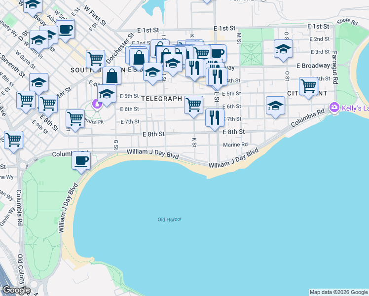 map of restaurants, bars, coffee shops, grocery stores, and more near 1556 Columbia Road in Boston